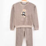 פיג'מת קטיפה עם דובי  - חום