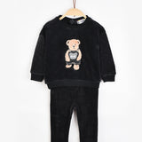 פיג'מת בייבי קטיפה עם דובי - שחור