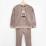 פיג'מת בייבי קטיפה עם דובי - חום