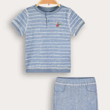 Striped set with embroidery - blue