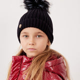 כובע עם פונפון פרווה - שחור
